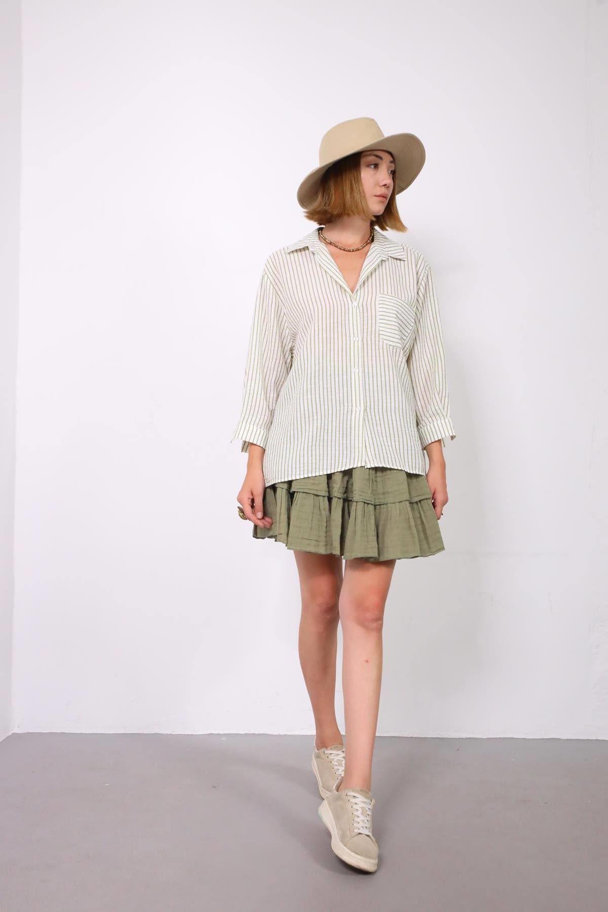  Fıstık Yeşili Çizgili Oversize Gömlek