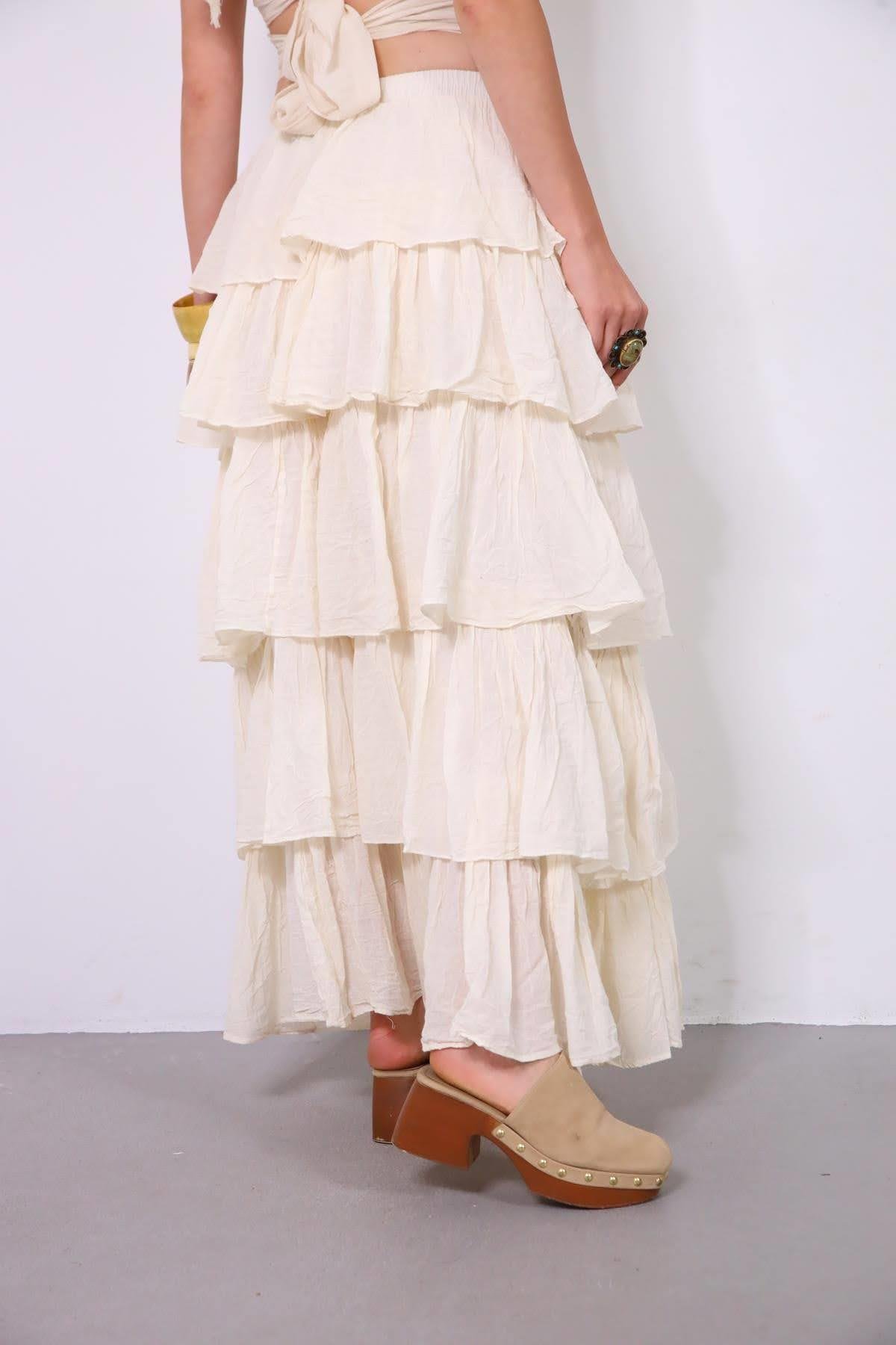  Ekru Beli Lastikli Kat Kat Bohem Etek