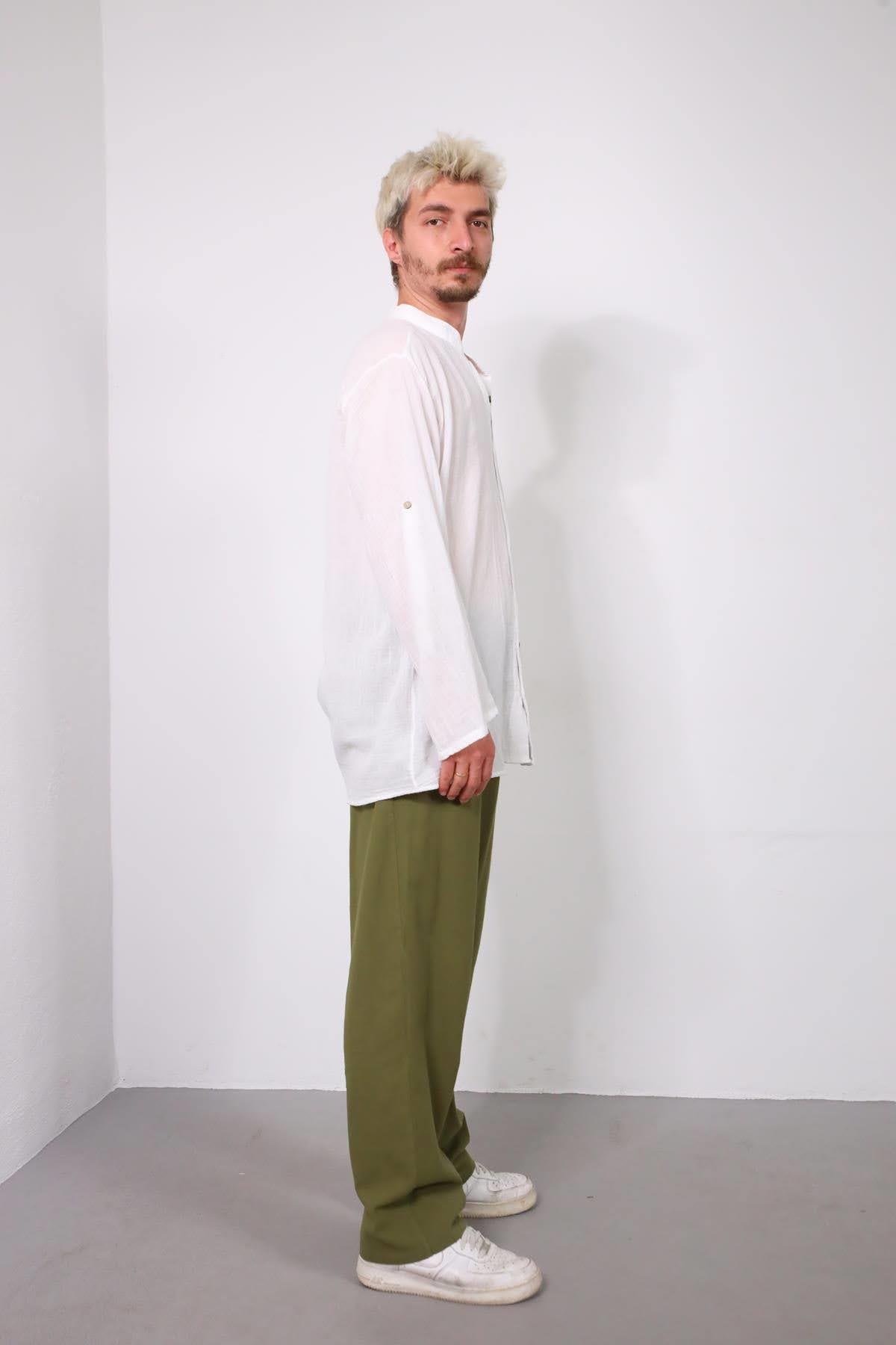  Haki Beli Lastikli Pileli Pantolon