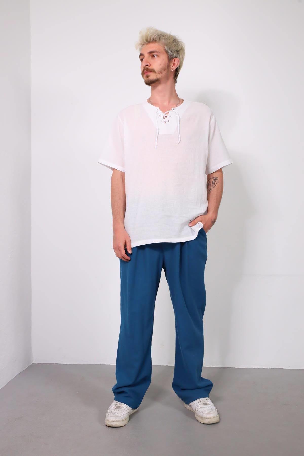  Petrol Mavisi Beli Lastikli Pileli Pantolon