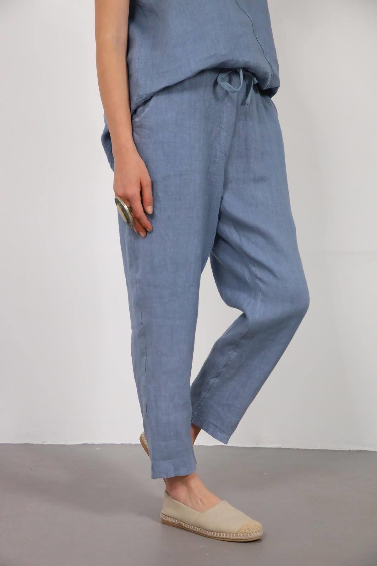 İndigo Mavi Dikişli Sıfır Kol Bluz ve Pantolon Keten Takım - Şaman Butik İndigo Mavi Dikişli Sıfır Kol Bluz ve Pantolon Keten Takım