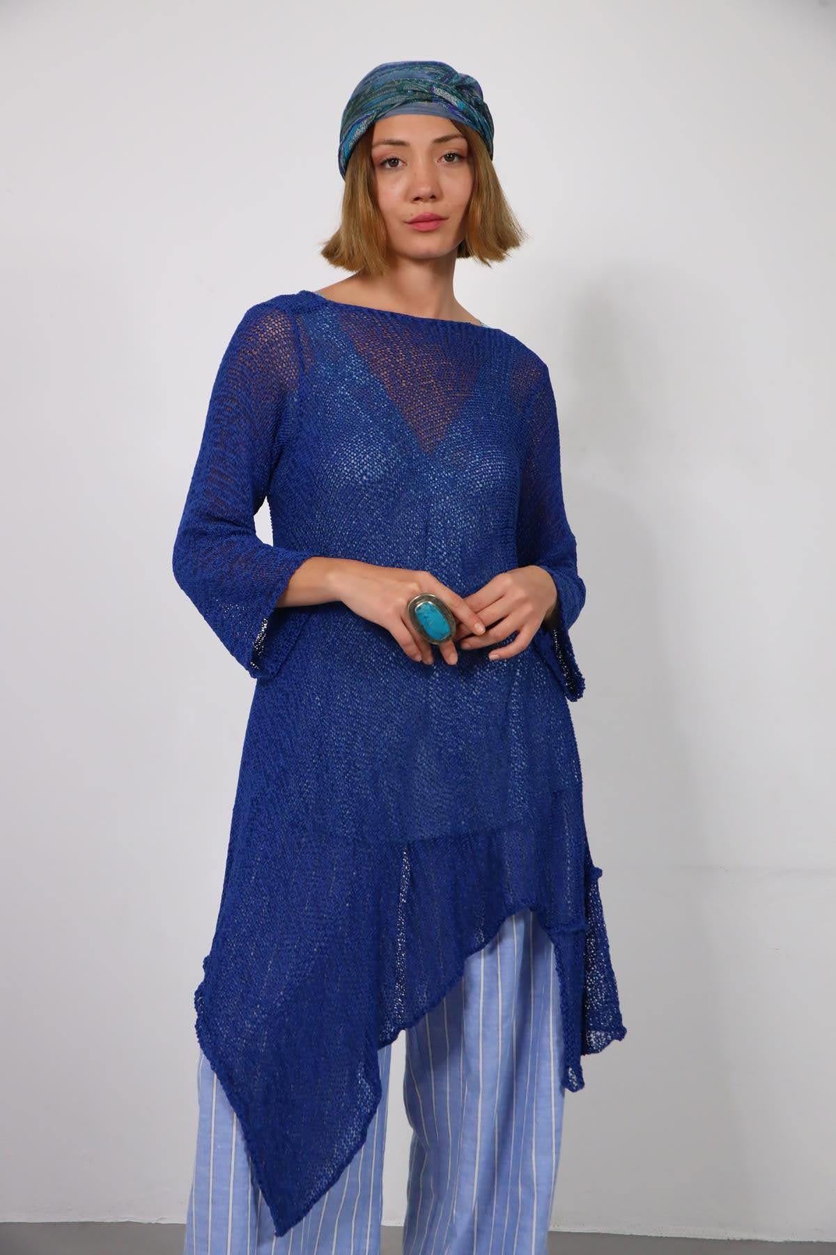  Saks Mavisi Salaş Asimetrik Kesim Merserize Bluz