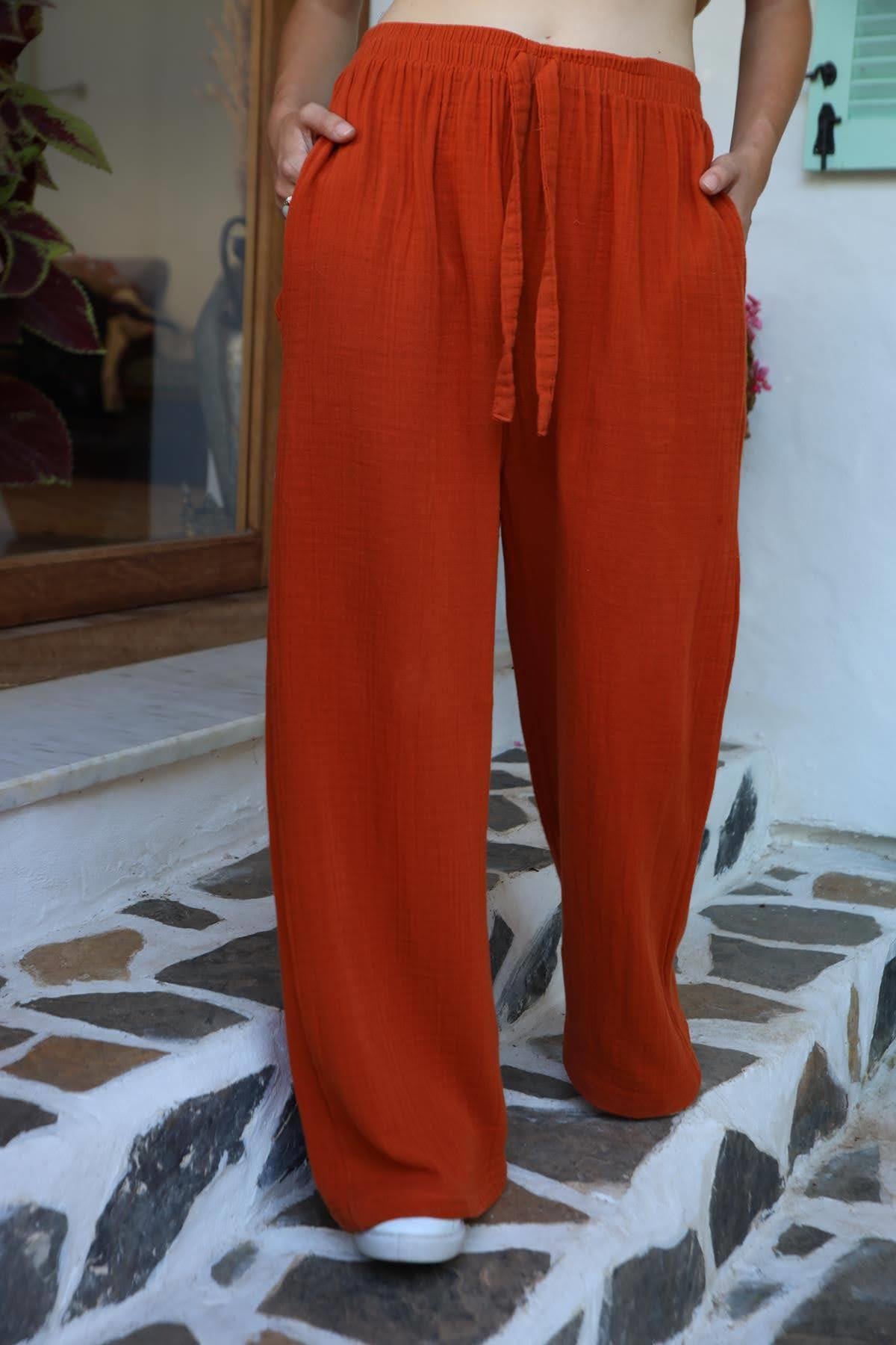 Kiremit Rengi Beli Lastikli İp Detaylı Müslin Pantolon - Şaman Butik Kiremit Rengi Beli Lastikli İp Detaylı Müslin Pantolon