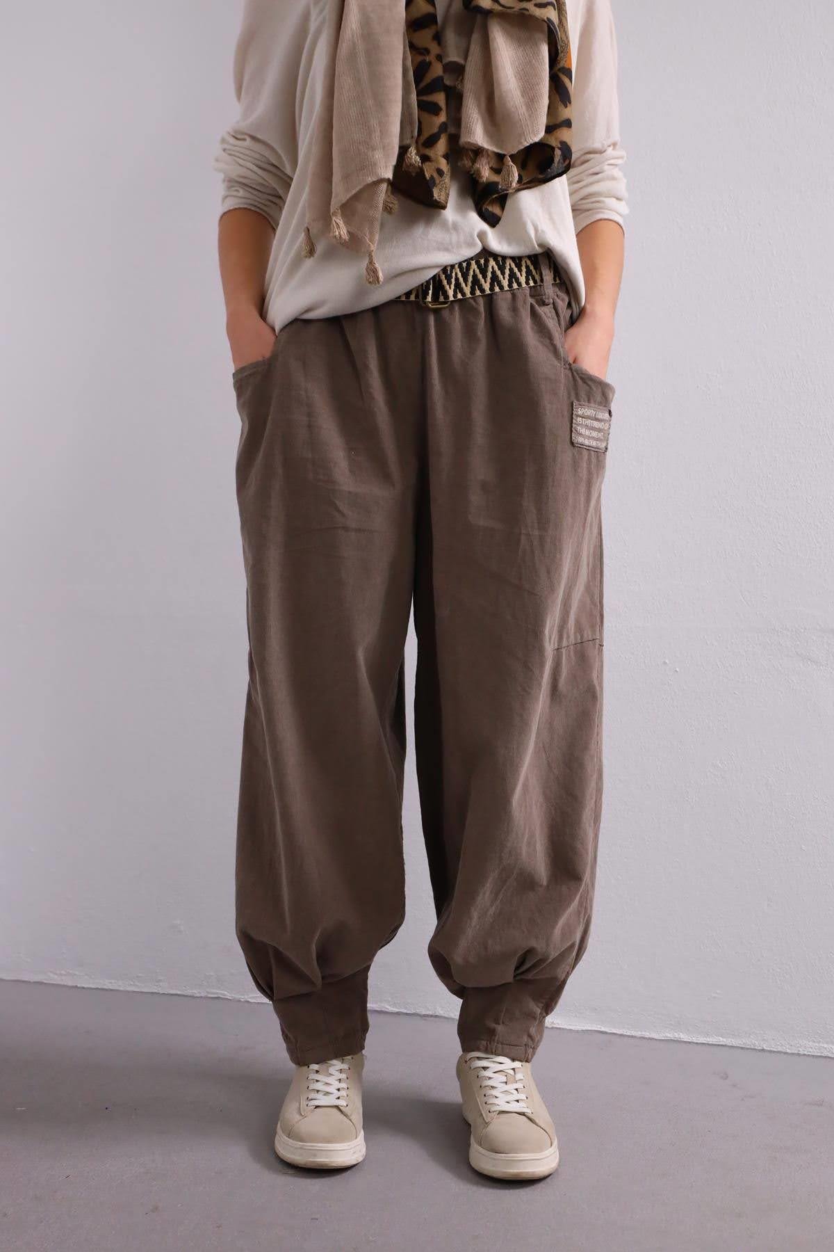 Vizon Rengi Kemerli Kadife Pantolon - Şaman Butik Vizon Rengi Kemerli Kadife Pantolon