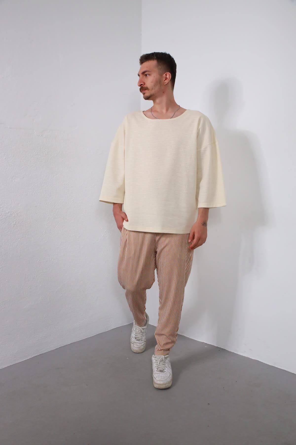  Tarçın Rengi Çizgili Dar Paça Erkek Pantolon