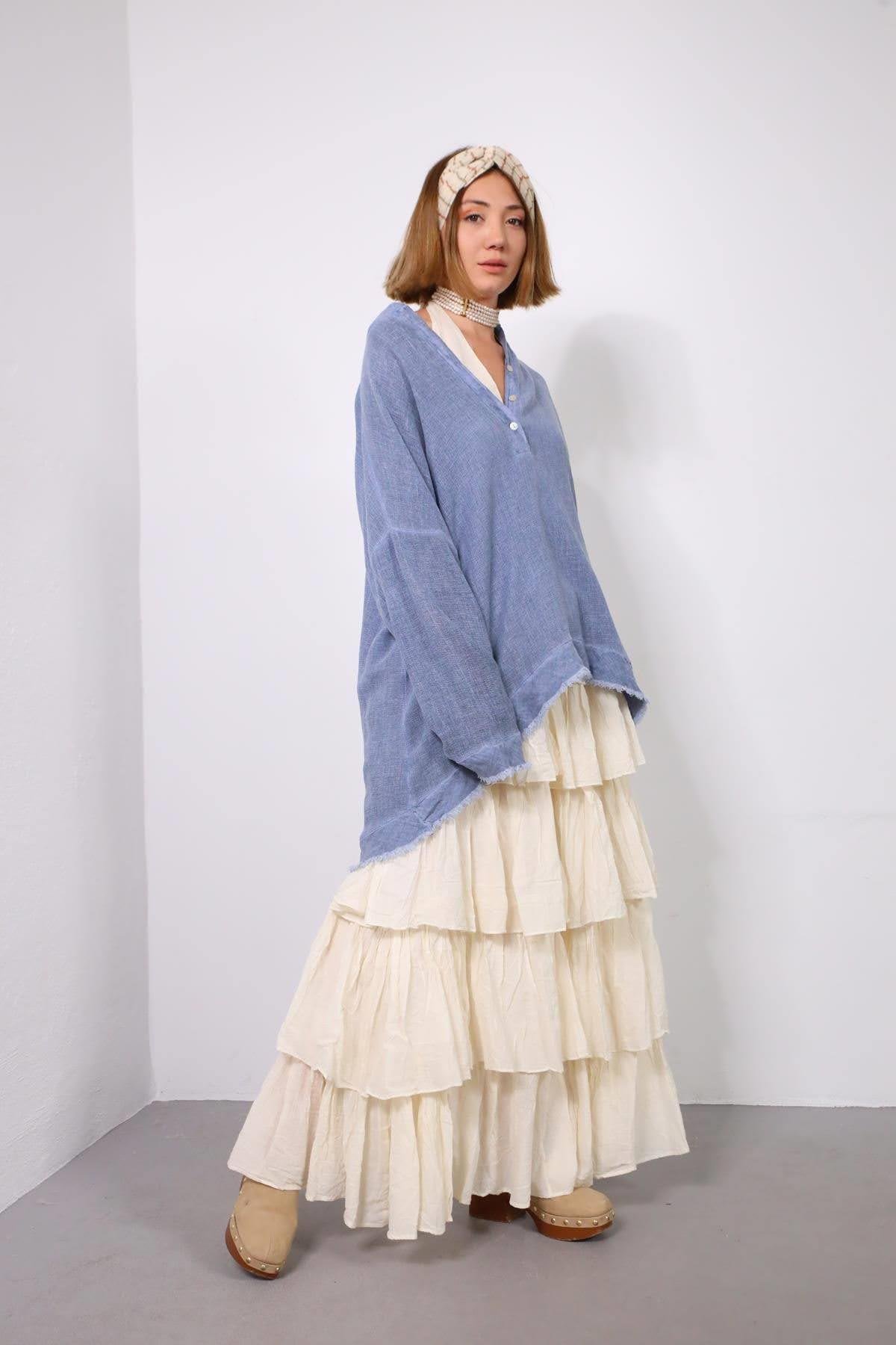  Ekru Beli Lastikli Kat Kat Bohem Etek