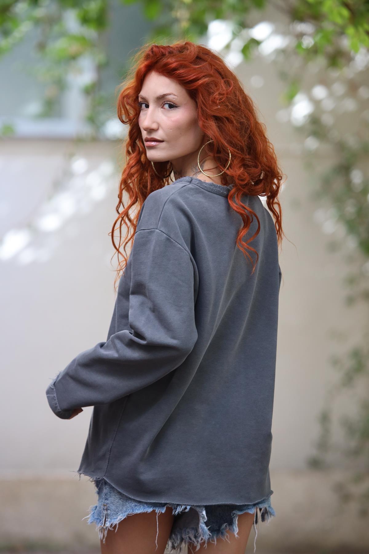 Antrasit Bisiklet Yaka Dikiş Detaylı Parçalı Sweat