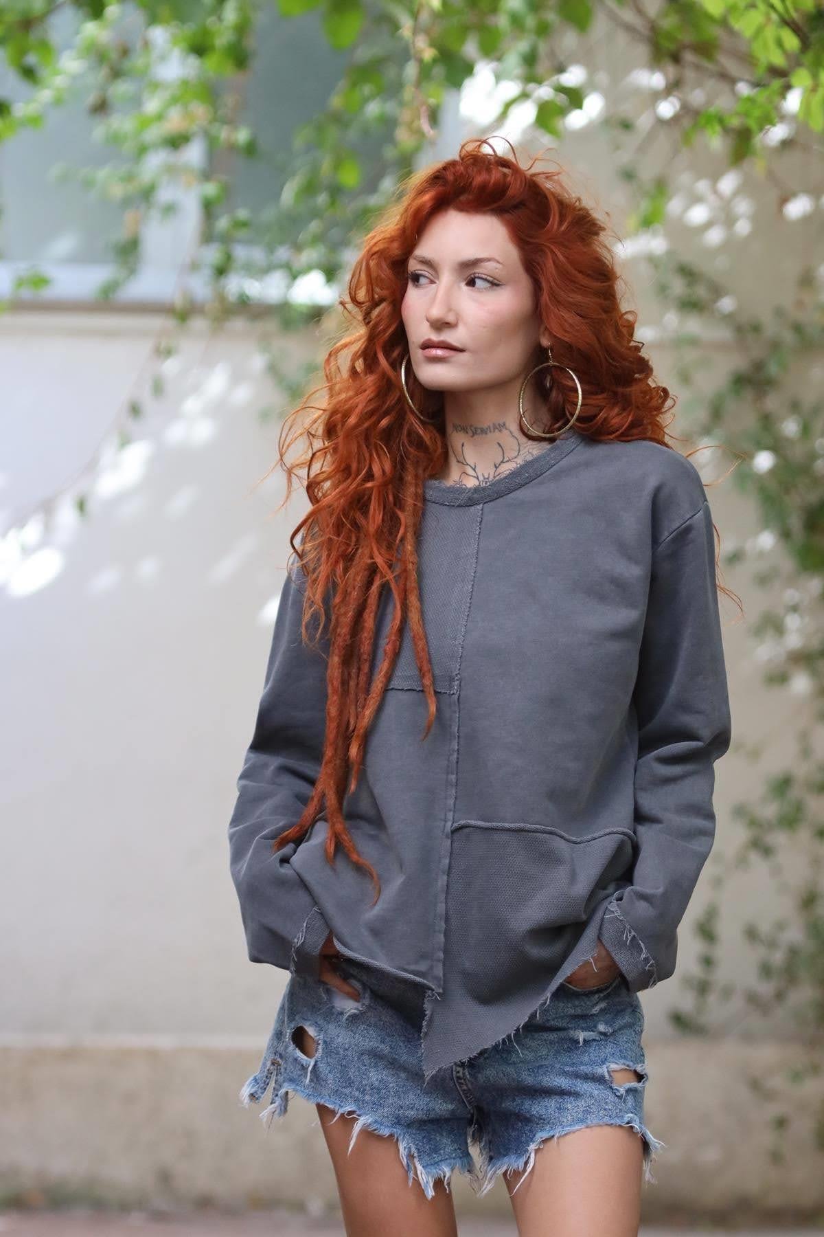 Antrasit Bisiklet Yaka Dikiş Detaylı Parçalı Sweat