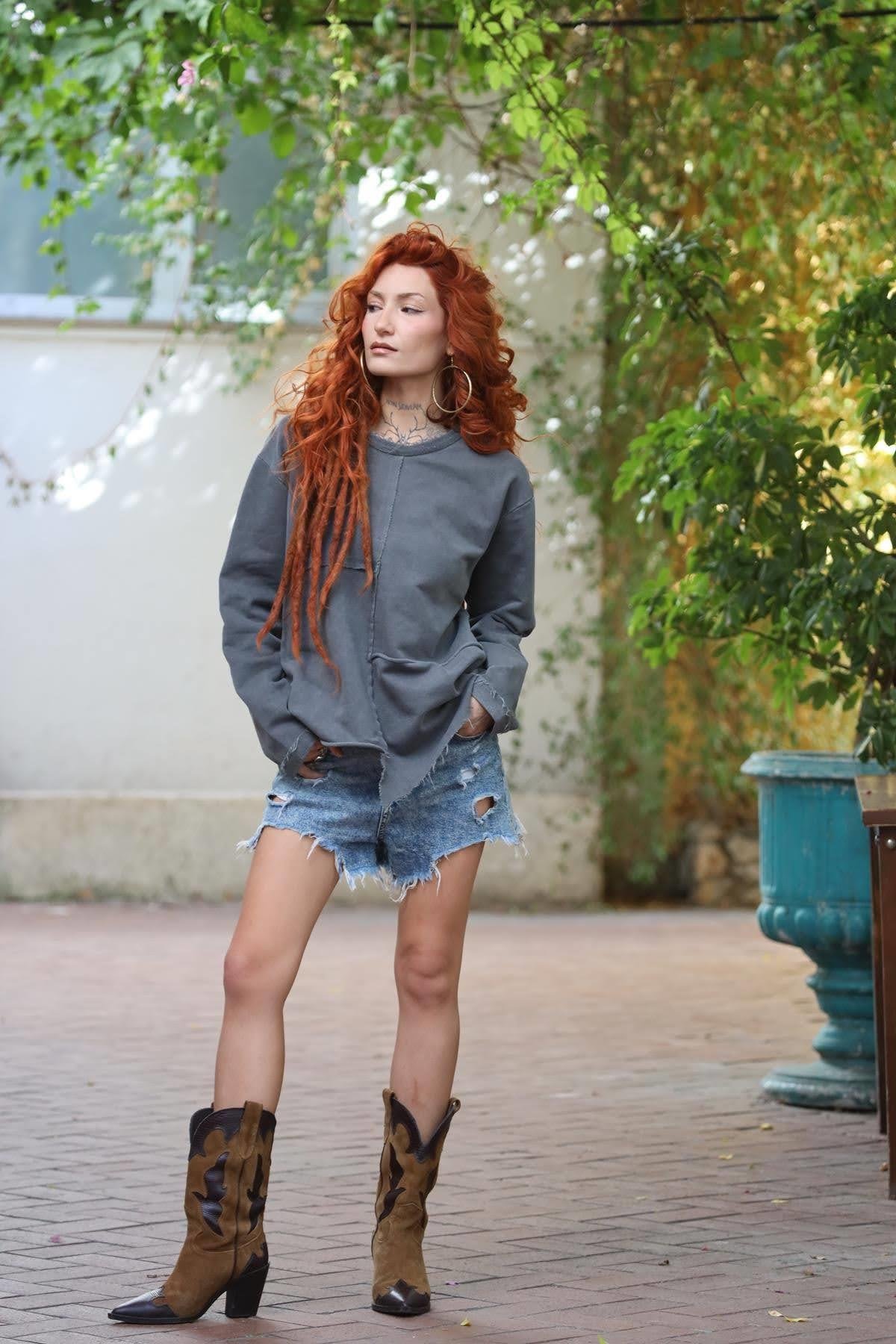 Antrasit Bisiklet Yaka Dikiş Detaylı Parçalı Sweat