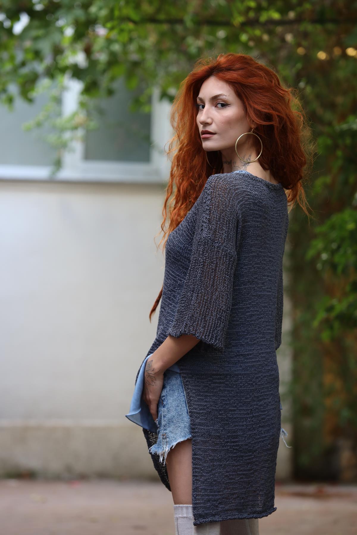 Antrasit Bisiklet Yaka Önü Dikişli Verev Kesim Merserize Bluz