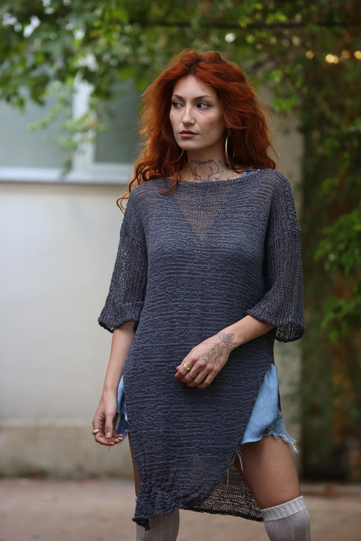 Antrasit Bisiklet Yaka Önü Dikişli Verev Kesim Merserize Bluz