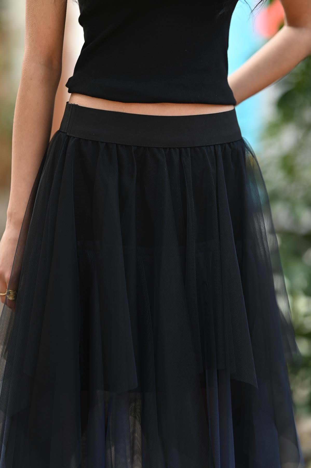 Antrasit Çift Renkli Kat Kat Tül Etek