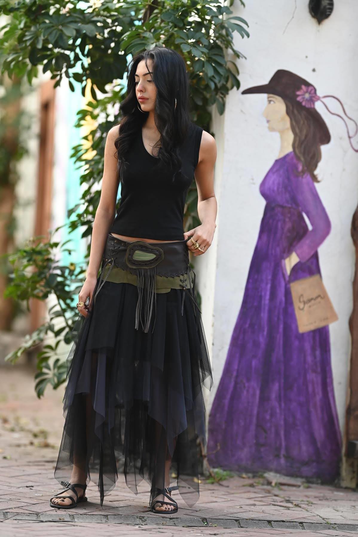 Antrasit Çift Renkli Kat Kat Tül Etek