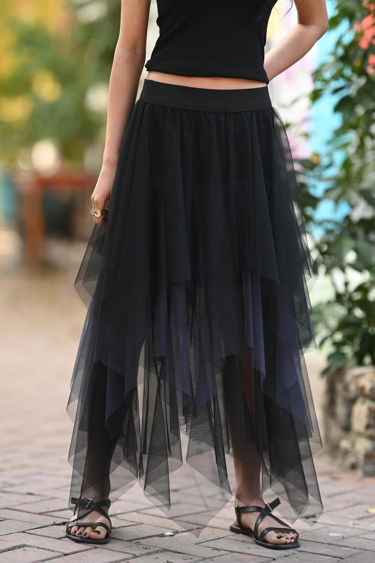 Antrasit Çift Renkli Kat Kat Tül Etek