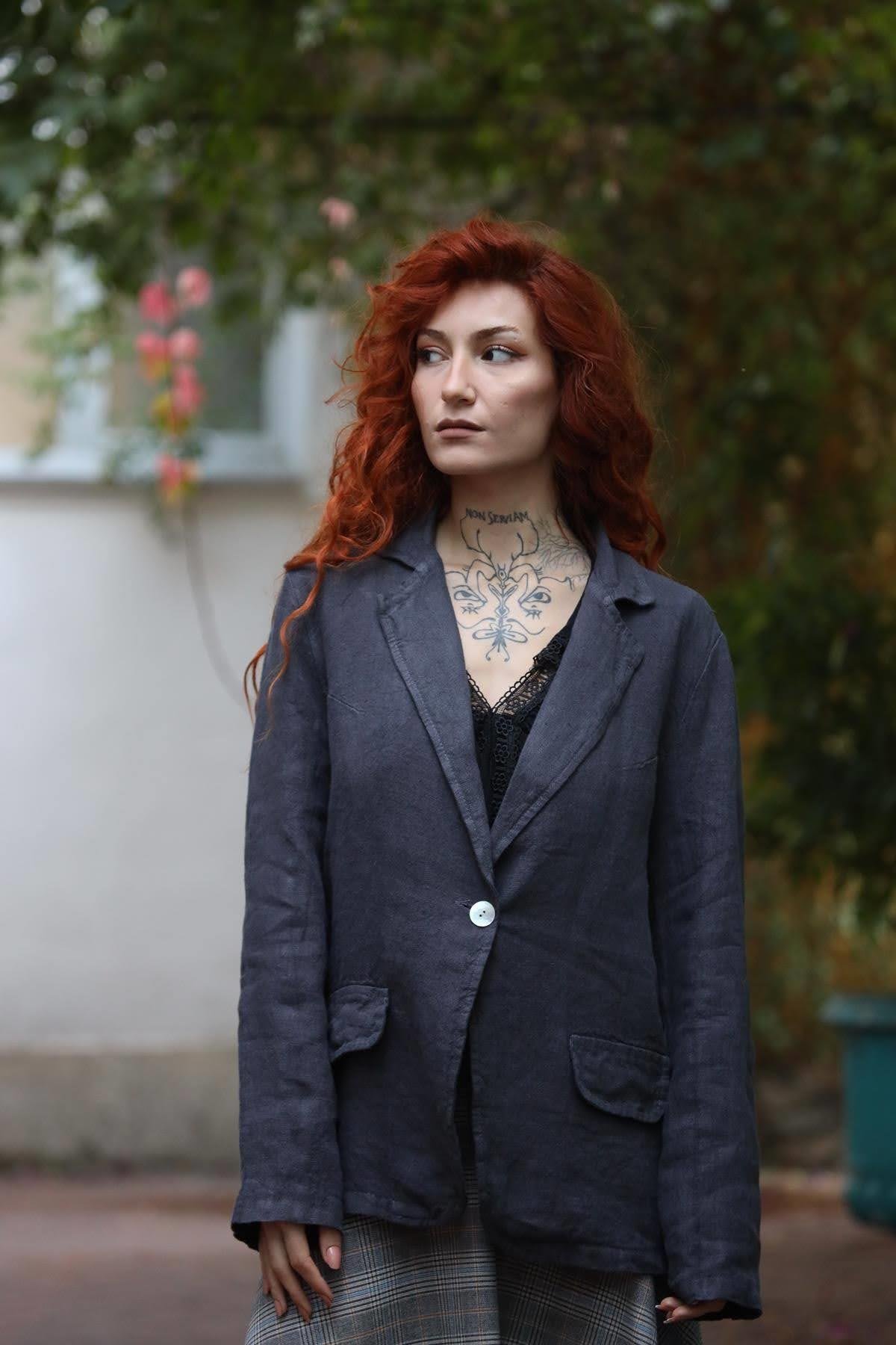 Antrasit Sahte Cepli Tek Düğmeli Ham Keten Ceket