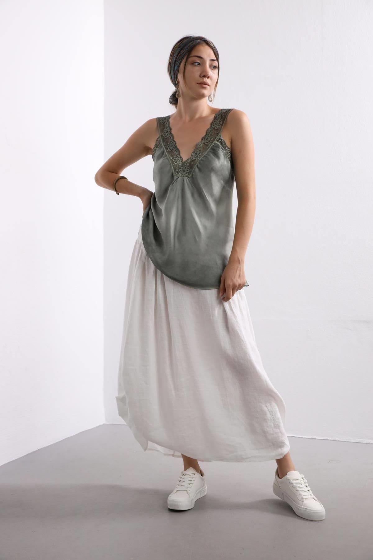 Navy Blue Floral Stitched Waist Shirt Dress - Şaman Butik Khaki Lace Embroidered Silk Tank Top