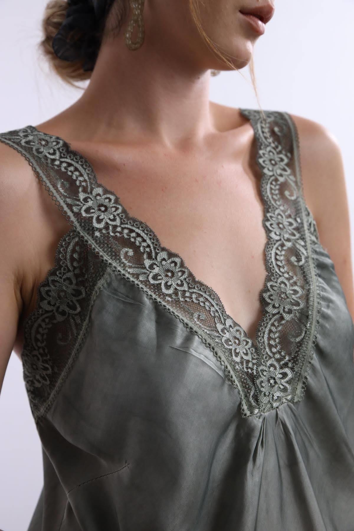 Navy Blue Floral Stitched Waist Shirt Dress - Şaman Butik Khaki Lace Embroidered Silk Tank Top