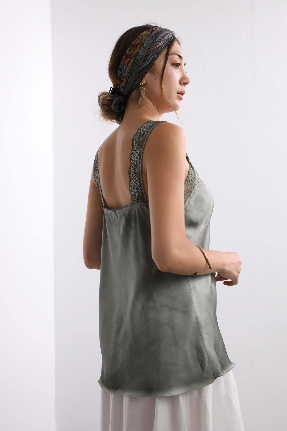Navy Blue Floral Stitched Waist Shirt Dress - Şaman Butik Khaki Lace Embroidered Silk Tank Top