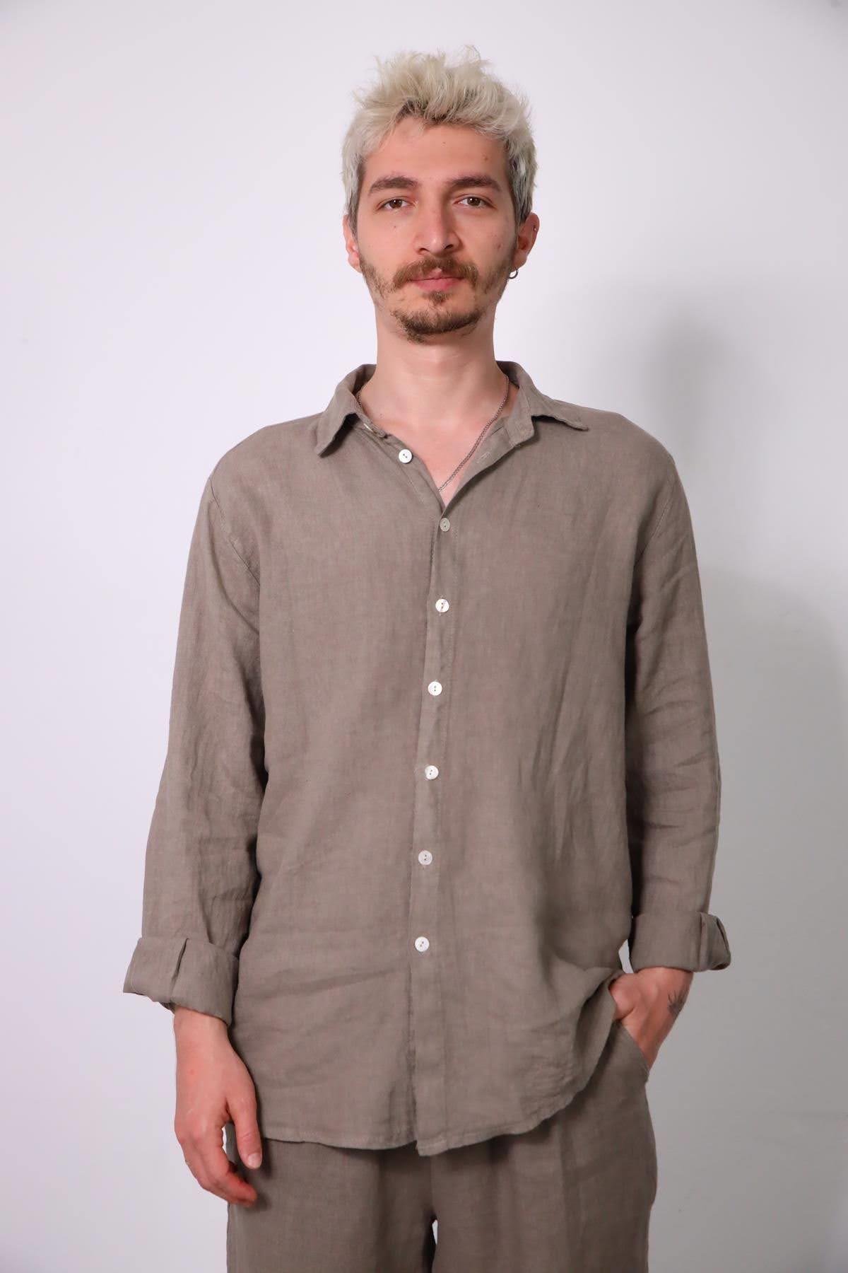  Vizon Rengi Keten Erkek Pantolon ve Gömlek Takım