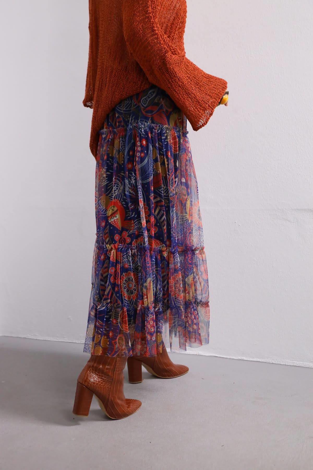 Lacivert Desenli Kat Kat Tül Etek - Şaman Butik - Bohem Giyim ve Aksesuar | Kadın & Erkek Lacivert Desenli Kat Kat Tül Etek