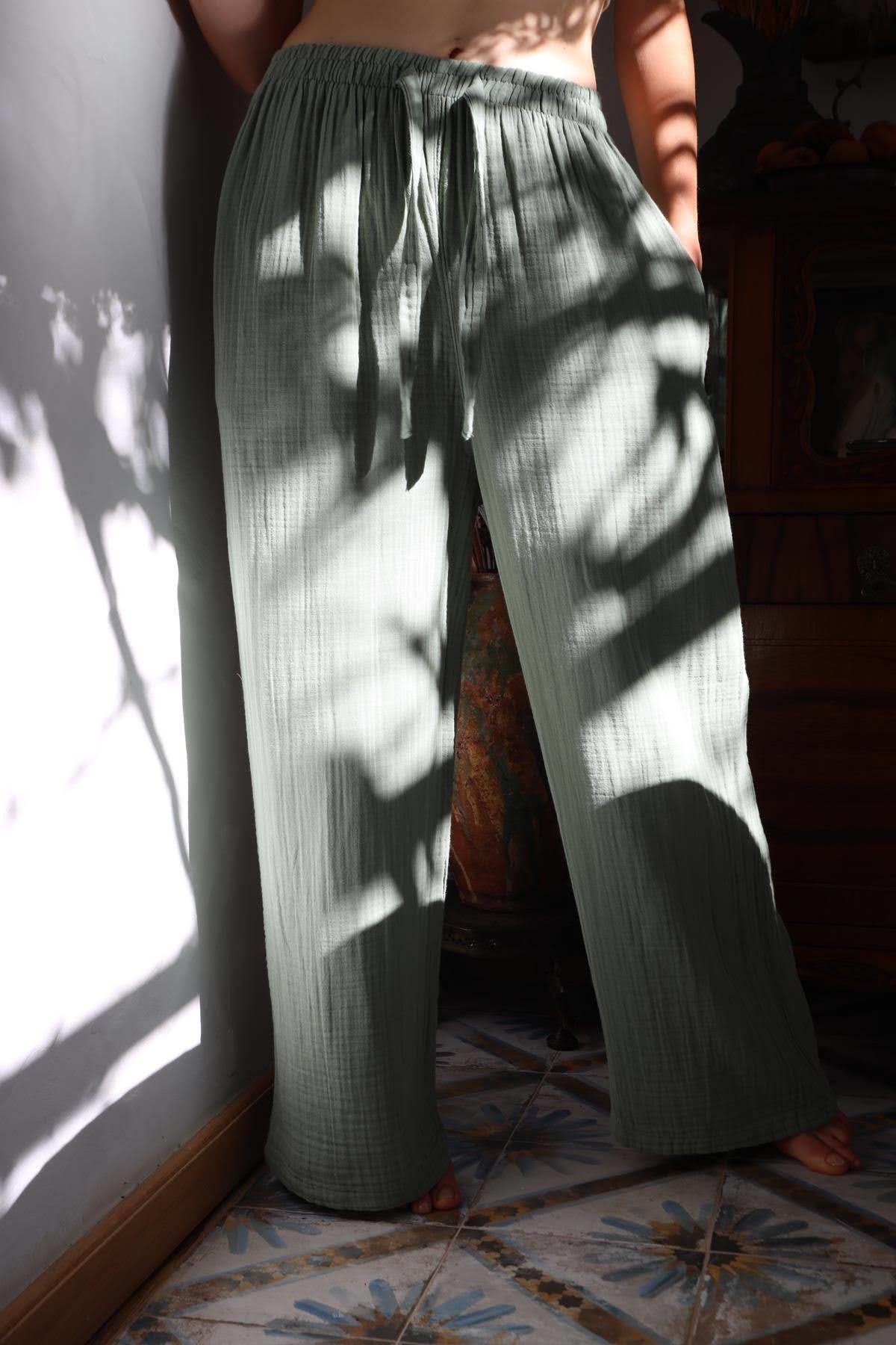  Mint Yeşili Beli Lastikli İp Detaylı Müslin Pantolon