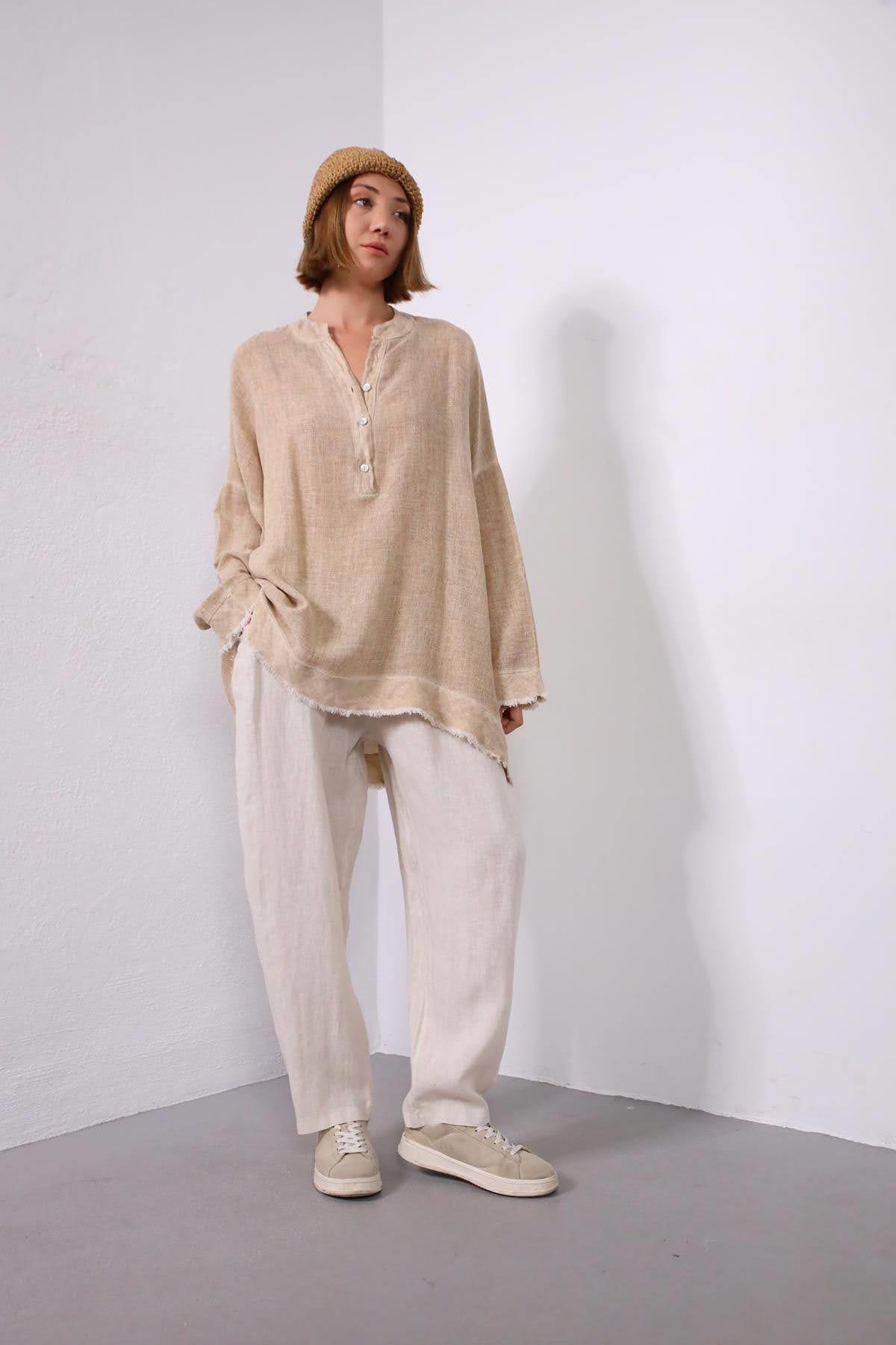 Camel Rengi Püsküllü Keten Detaylı Hakim Yaka Tunik - Şaman Butik Camel Rengi Püsküllü Keten Detaylı Hakim Yaka Tunik