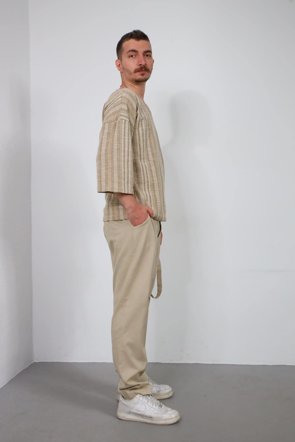  Bej Çizgili Geniş Yaka Truvakar Kol Erkek Sweatshirt