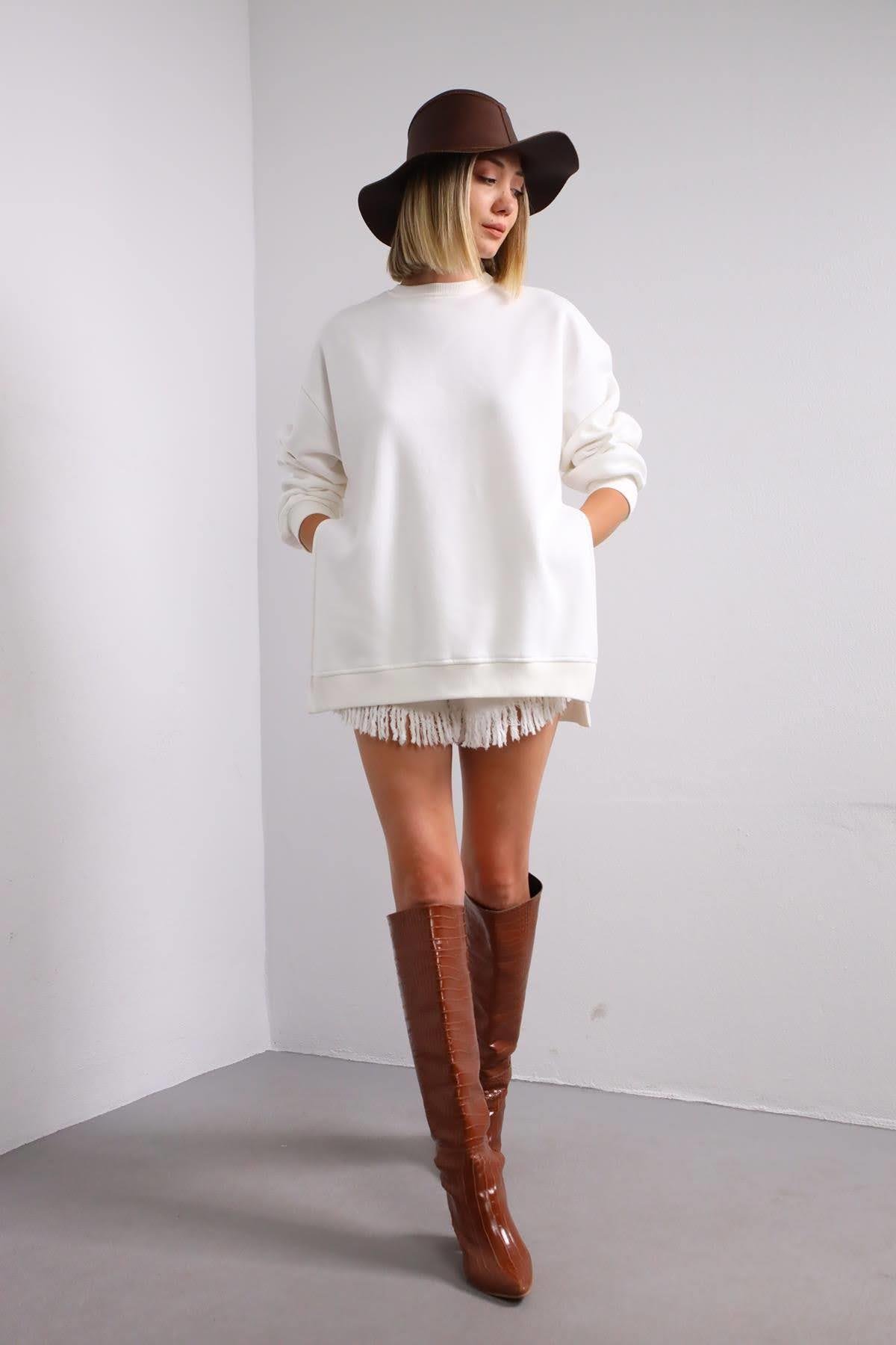  Ekru Yanları Yırtmaçlı Sweatshirt