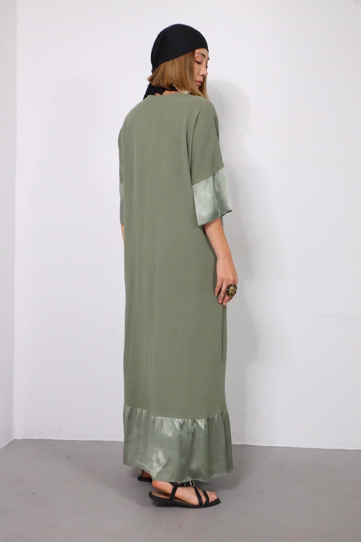 Haki Kolları ve Eteği Saten Detaylı Kaftan - Şaman Butik Haki Kolları ve Eteği Saten Detaylı Kaftan
