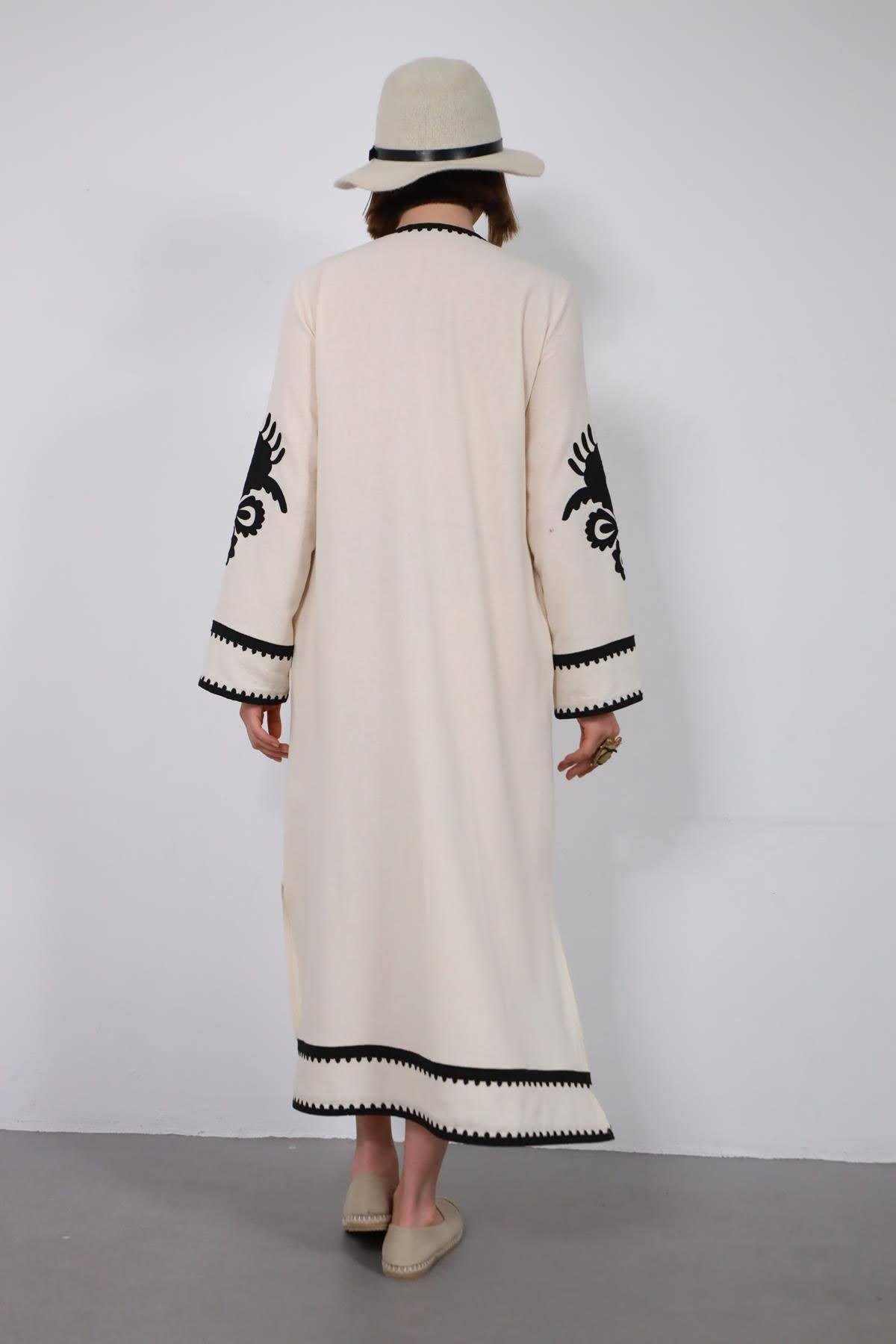 Krem Rengi Etnik Desenli Bohem Elbise - Şaman Butik Krem Rengi Etnik Desenli Bohem Elbise