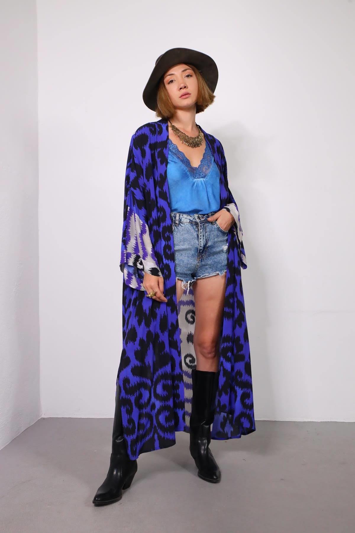  Lacivert İkat Desenli Kuşaklı Kimono