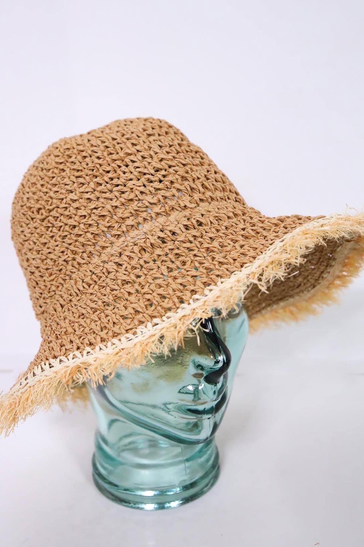  Camel Rengi Saçaklı El Örgüsü Hasır Şapka