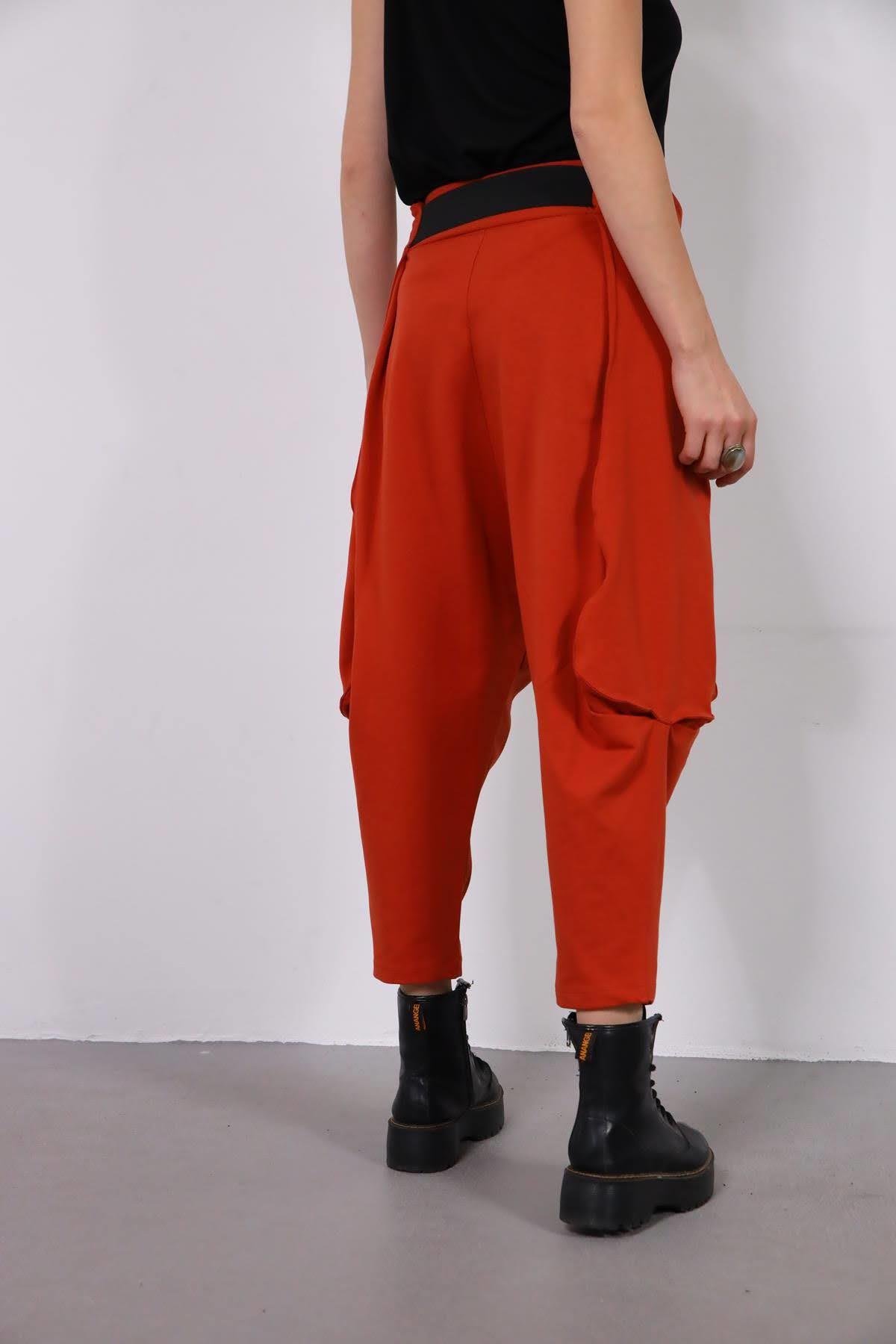 Brick Red Belted Drop Crotch Trousers - Saman Butik | Shop Online Brick Red Belted Drop Crotch Trousers