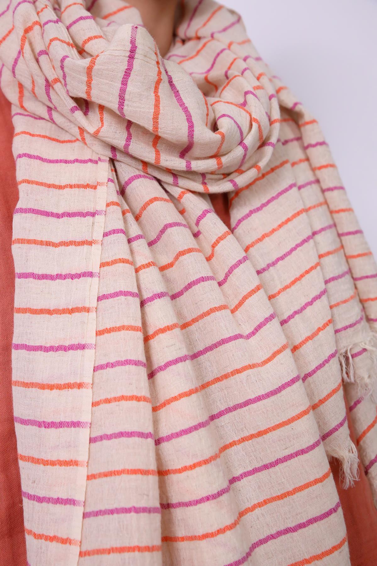 Turuncu ve Fuşya Çizgili Keten Diba Şal Turuncu ve Fuşya Çizgili Keten Diba Şal