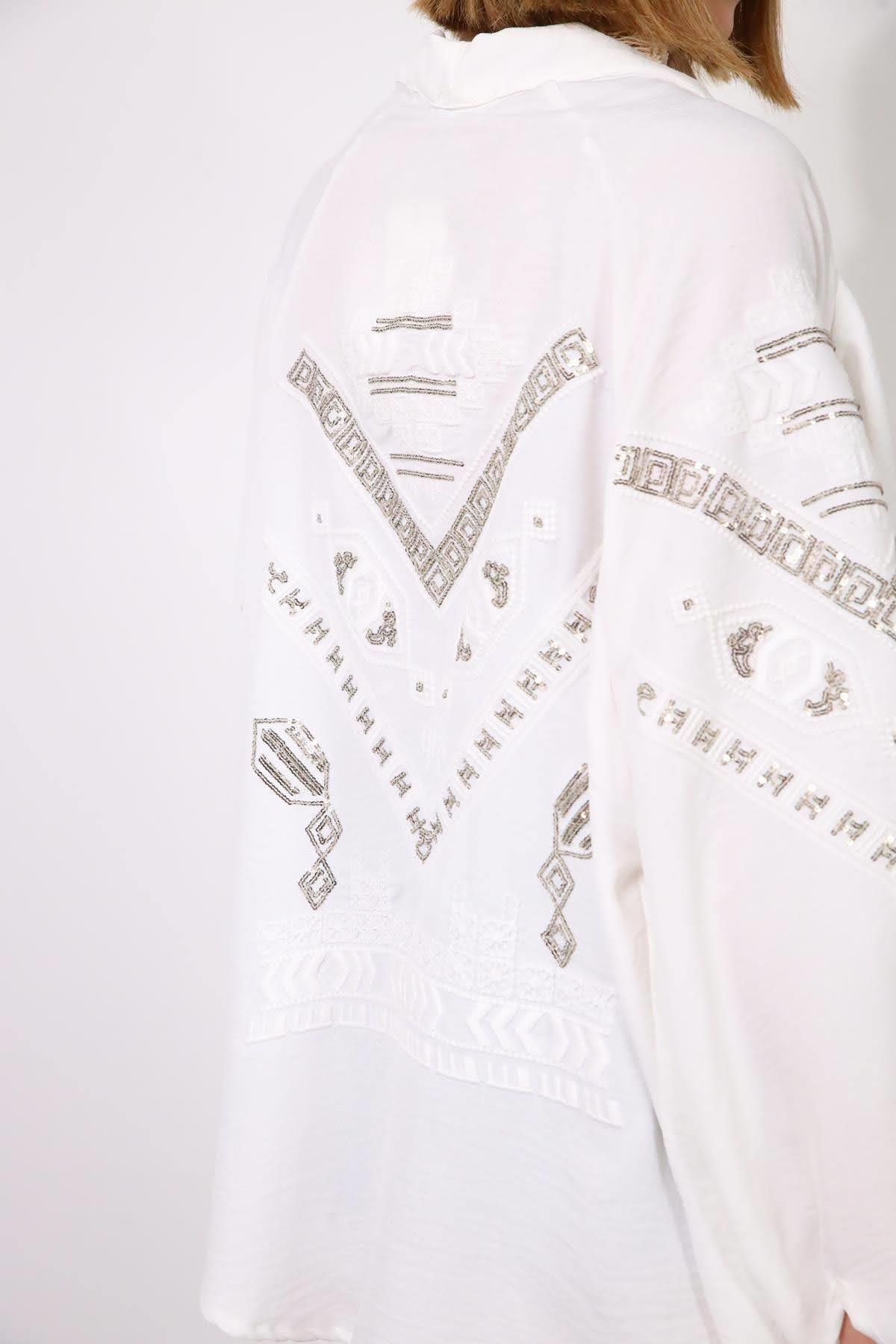 Beyaz Otantik İşlemeli Payetli Kısa Kimono - Şaman Butik Beyaz Otantik İşlemeli Payetli Kısa Kimono