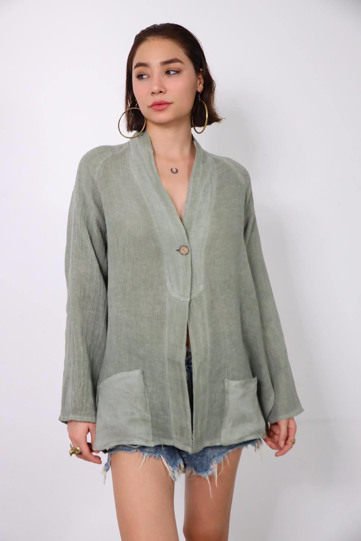 Haki Yakası ve Cebi Keten Tek Düğmeli Ceket - Şaman Butik Haki Yakası ve Cebi Keten Tek Düğmeli Ceket
