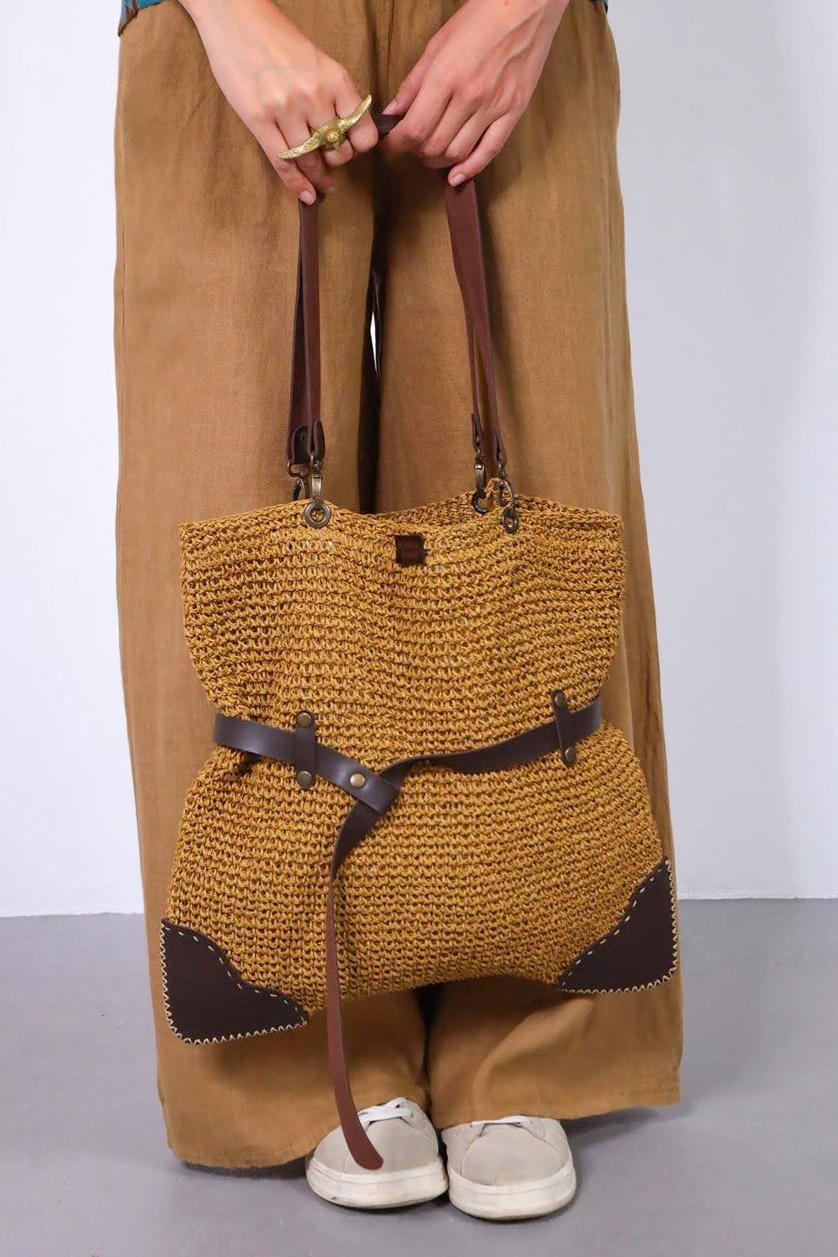  Taba Deri Detaylı Tasarım Hasır Çanta