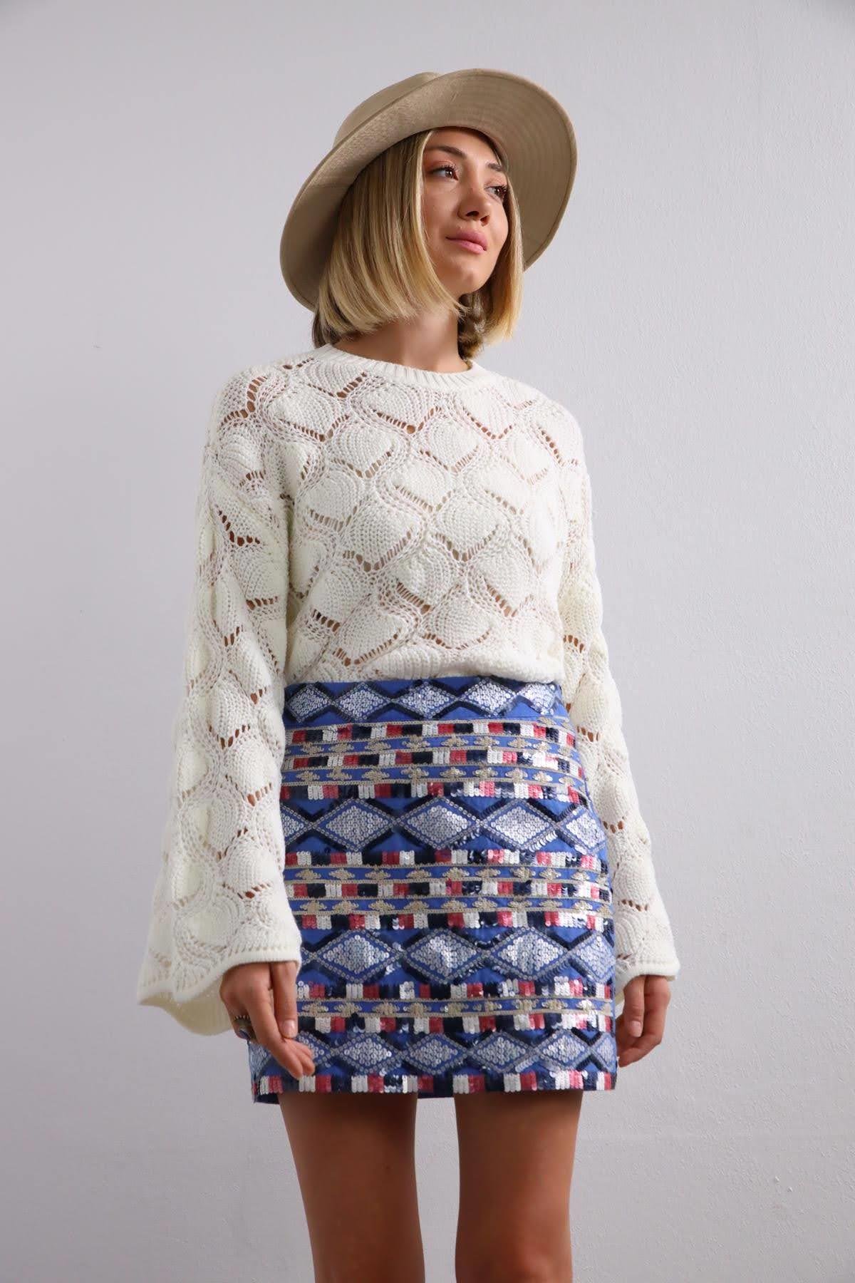 Mavi Pul İşlemeli Mini Etek - Şaman Butik Mavi Pul İşlemeli Mini Etek