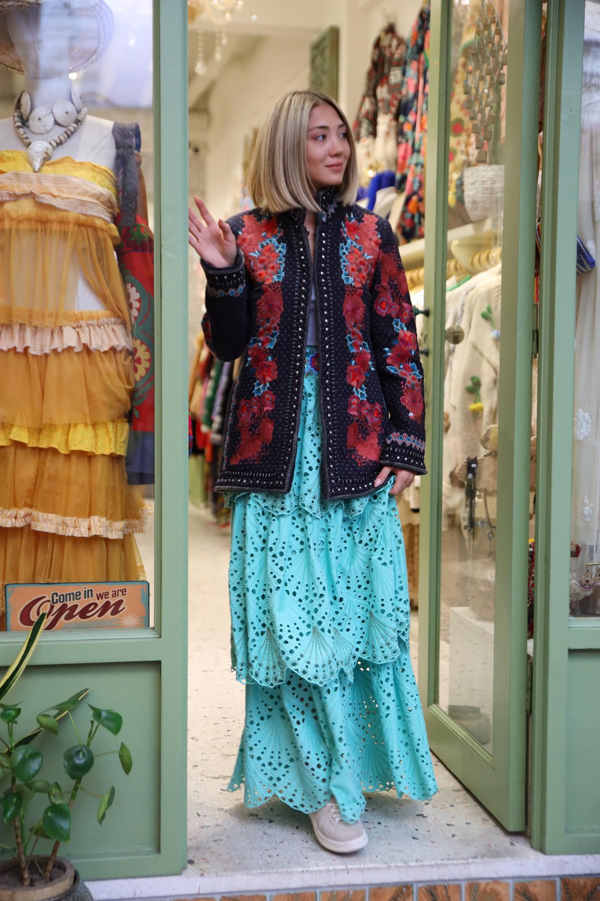 Mint Yeşili Kat Kat Brodeli Etek - Şaman Butik Mint Yeşili Kat Kat Brodeli Etek