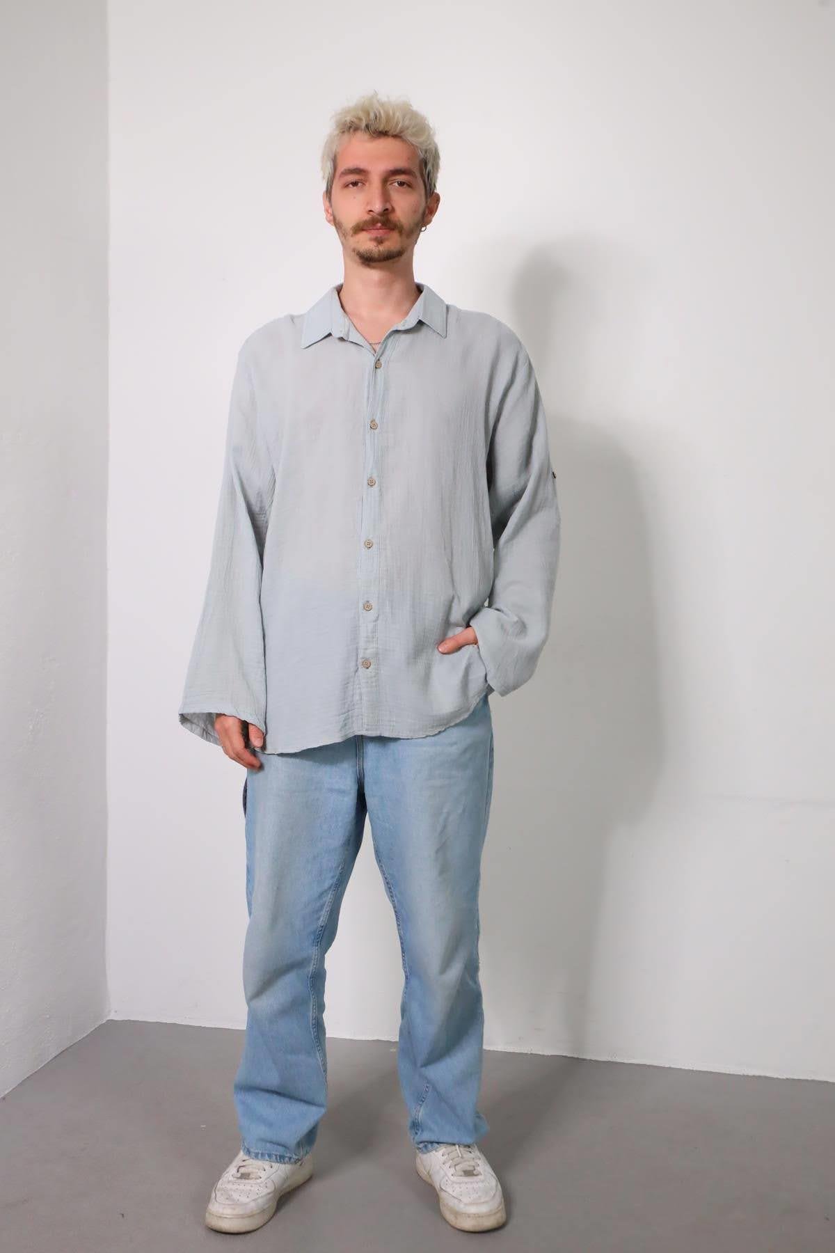  Gri Kolları Apoletli Erkek Müslin Gömlek