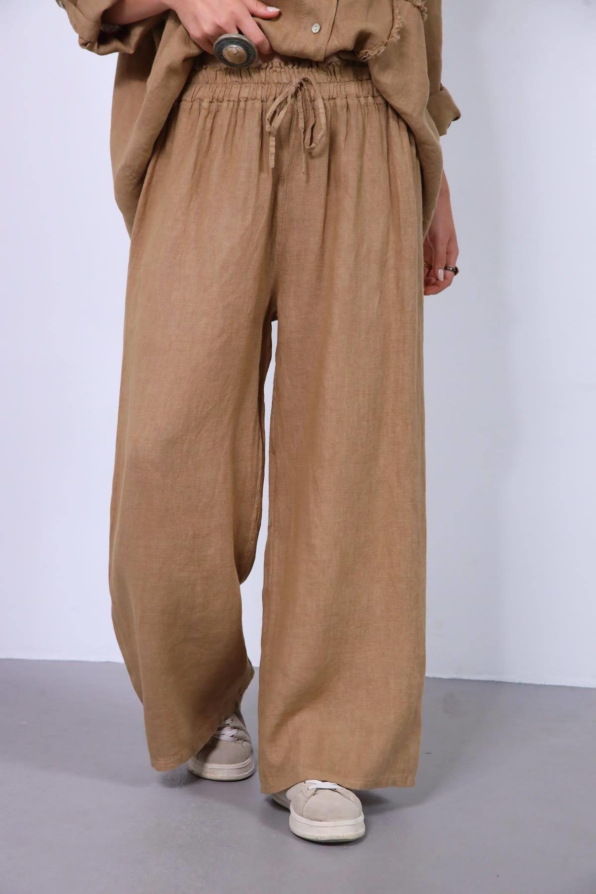  Camel Rengi Püsküllü Dikiş Detaylı Gömlek Pantolon Keten Takım