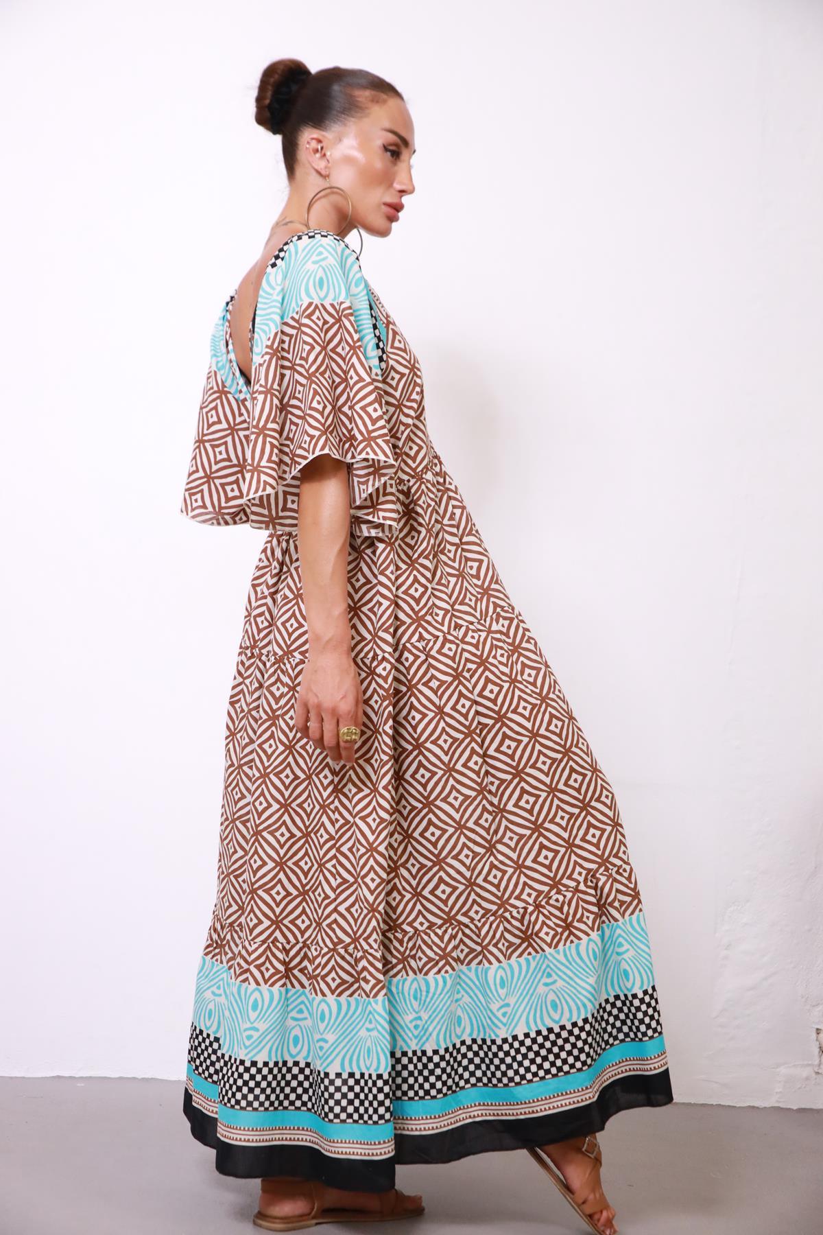  Kahverengi Desenli Önü Arkası V Yaka Yarasa Kol Elbise