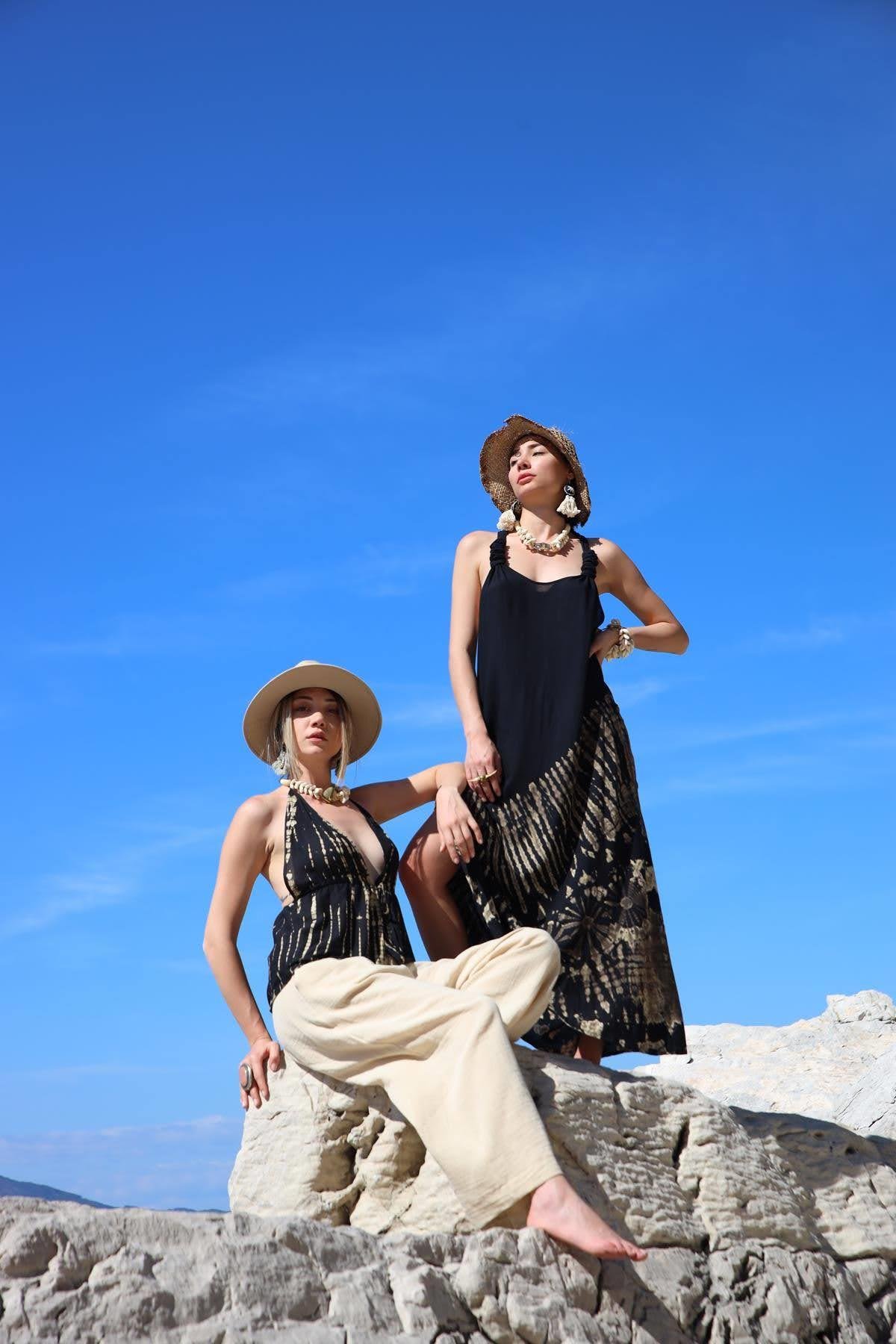 Siyah Batik Desenli Otantik Elbise - Şaman Butik Siyah Batik Desenli Otantik Elbise