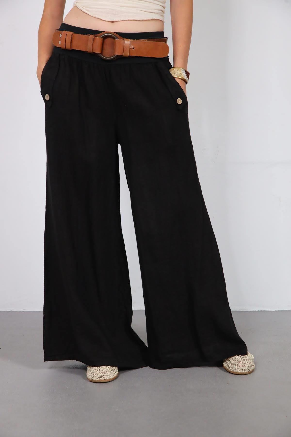 Siyah Cebi Tek Düğmeli Salaş Keten Pantolon - Şaman Butik Siyah Cebi Tek Düğmeli Salaş Keten Pantolon