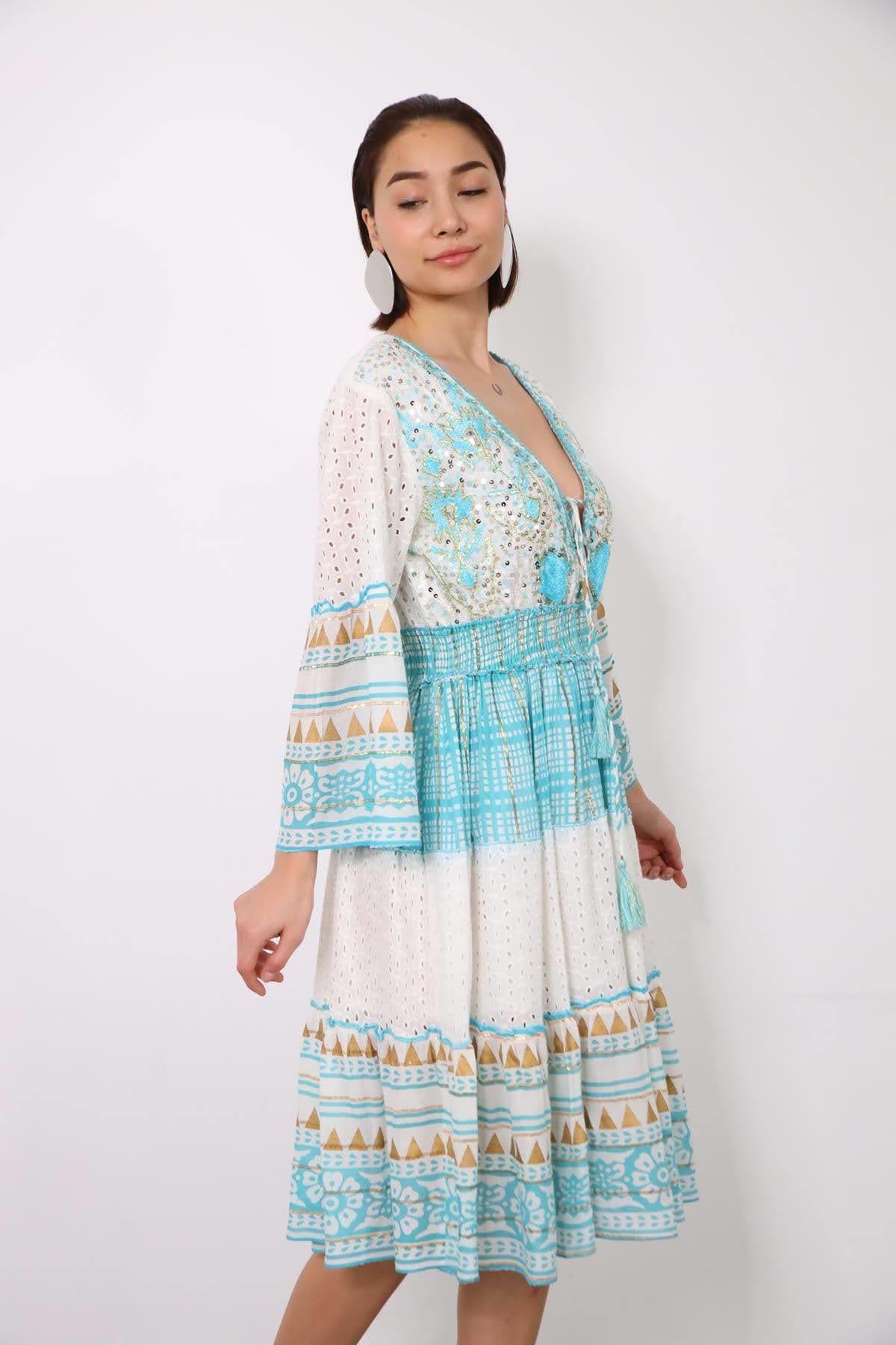 Turkuaz Pul İşlemeli Beli Gipeli Fisto Elbise - Şaman Butik Turkuaz Pul İşlemeli Beli Gipeli Fisto Elbise