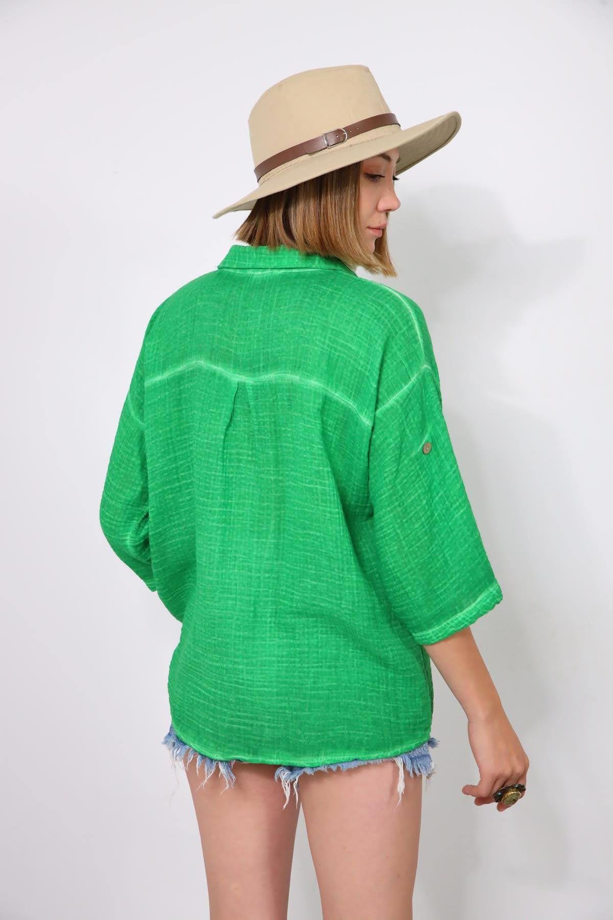  Yeşil Yağ Yıkama Müslin Tek Düğmeli Gömlek