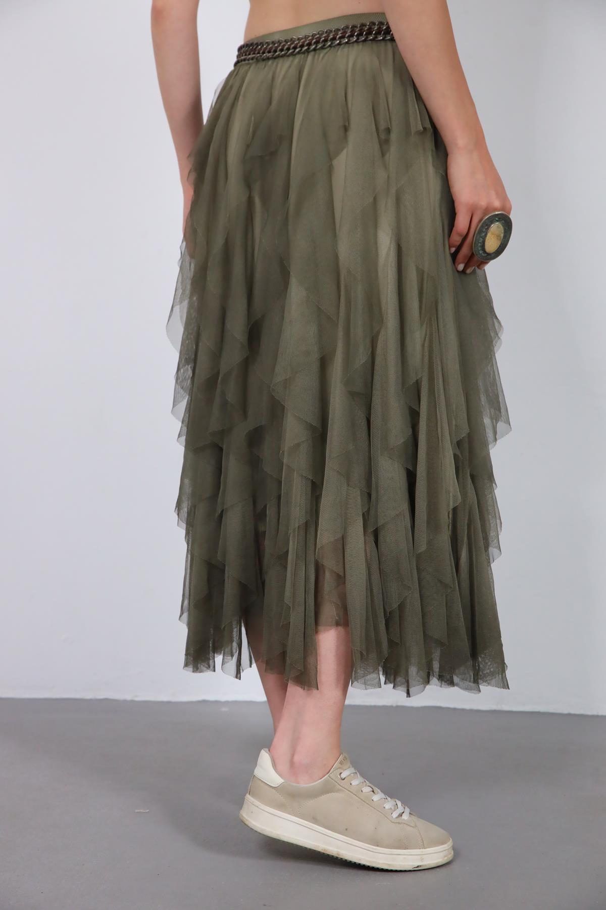  Haki Yağ Yıkama Volanlı Tül Etek