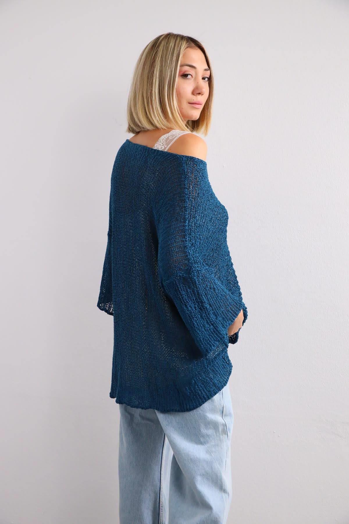 Petrol Blue Collar Cut Out Detail Mercerized Blouse Petrol Blue Collar Cut Out Detail Mercerized Blouse