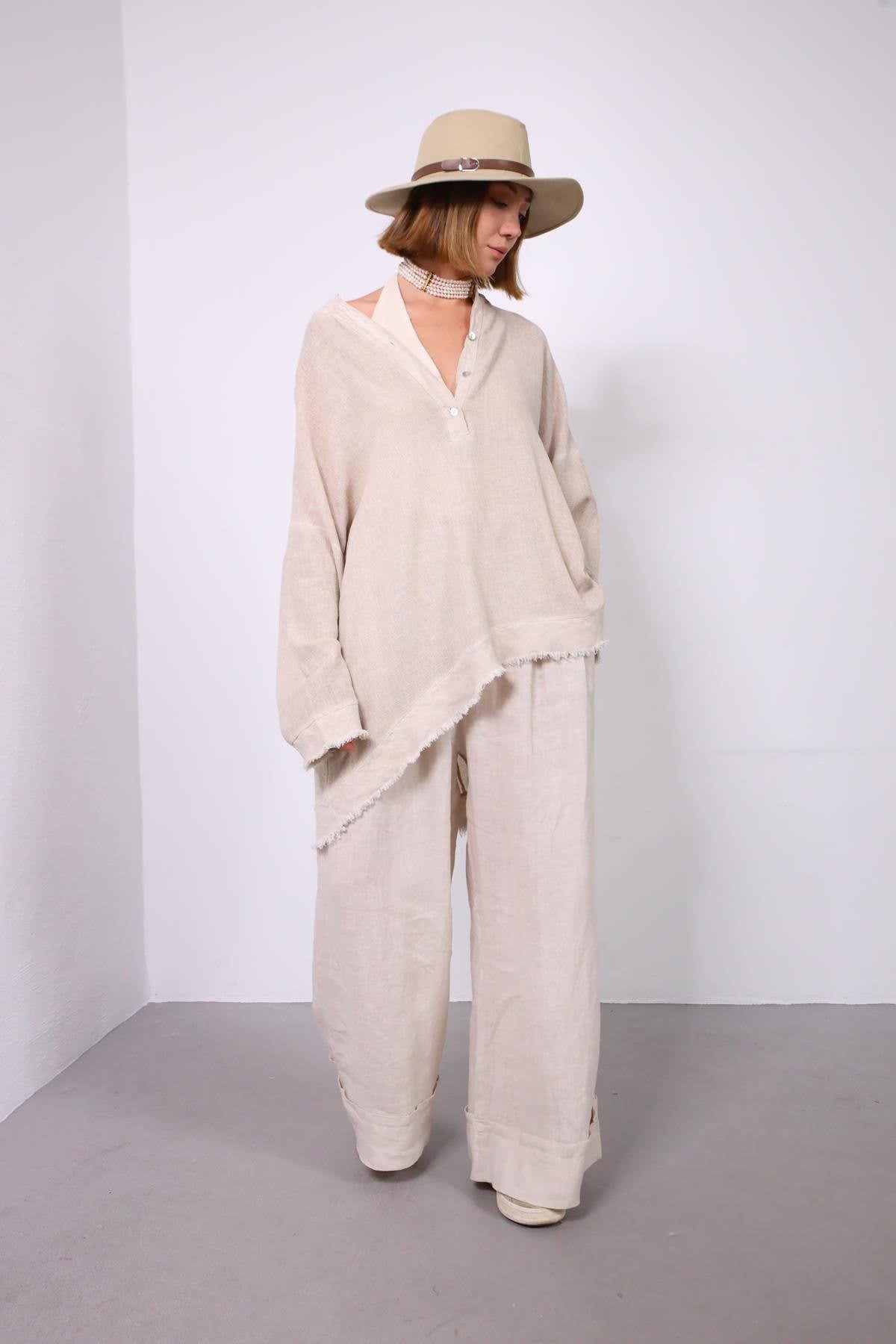  Krem Rengi Püsküllü Keten Detaylı Hakim Yaka Tunik