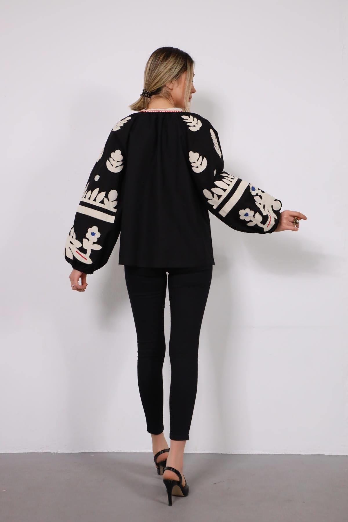 Black Patterned Puff Sleeve Blouse - Saman Butik | Shop Online Black Patterned Puff Sleeve Blouse